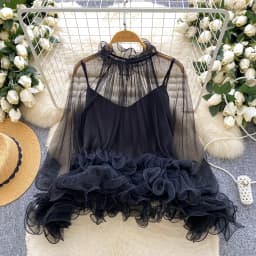 Vintage Elegant ruffle mesh long sleeve Top Korean Streetwear High Street Autumn Basics T-Shirts