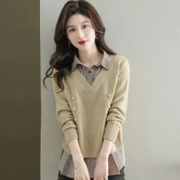Fake Two Piece Top Knit Sweater Women's Splice Shirt Collar 2026 Spring Autumn New Korean Loose Long Sleeve Sweater Brown Shirt