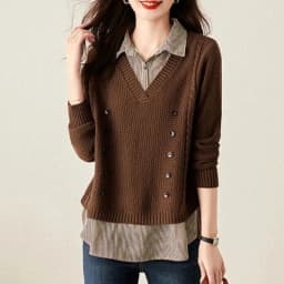 Fake Two Piece Top Knit Sweater Women's Splice Shirt Collar 2026 Spring Autumn New Korean Loose Long Sleeve Sweater Brown Shirt