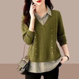 Fake Two Piece Top Knit Sweater Women's Splice Shirt Collar 2026 Spring Autumn New Korean Loose Long Sleeve Sweater Brown Shirt