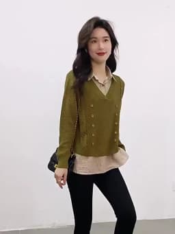 Fake Two Piece Top Knit Sweater Women's Splice Shirt Collar 2026 Spring Autumn New Korean Loose Long Sleeve Sweater Brown Shirt
