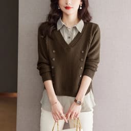 Fake Two Piece Top Knit Sweater Women's Splice Shirt Collar 2026 Spring Autumn New Korean Loose Long Sleeve Sweater Brown Shirt