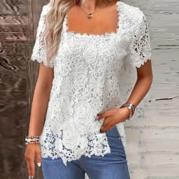 2024 New Spring Summer Lace Shirts For Women Short Sleeve Loose T Shirt Women Casual Solid White Elegant Tee Pullover