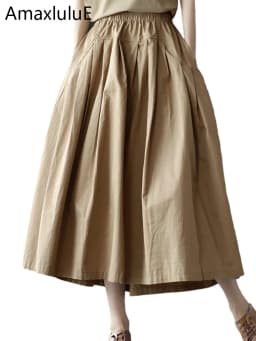Amax LuluE 2025 Japan Summer Streetwear Fashion Women Khaki A-Line Skirts Ladies Elastic Casual Long Skirt Girls Vintage Clothes