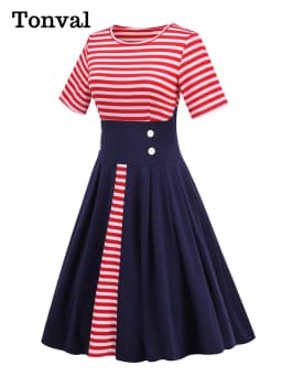 Tonval Red Striped and Navy Blue Button High Waist Women Vintage Pleated Dress Short Sleeve O-Neck Retro Clothes Midi Dresses