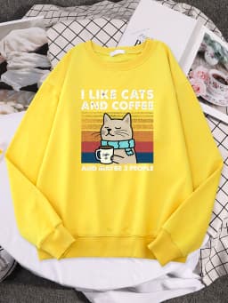 I Like Cats And Coffee Print Women Hoody Hip Hop Pocket Sweatshirt Autumn Creativity Pullover Aesthetic Fleece Female Sportswear