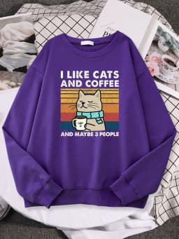 I Like Cats And Coffee Print Women Hoody Hip Hop Pocket Sweatshirt Autumn Creativity Pullover Aesthetic Fleece Female Sportswear