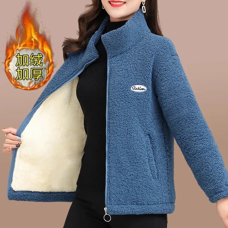 Mom's Autumn Winter Stand collar Lamb Wool Jacket New Women's Plush Thicken Cotton Coat Female Granular velvet Short Outwear Top