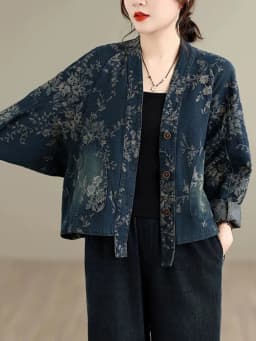 Amax LuluE 2026 Chinese Fashion Womens Loose Luxury Printed Denim Jackets Ladies Classic Casual Vintage Floral Oversized Coats