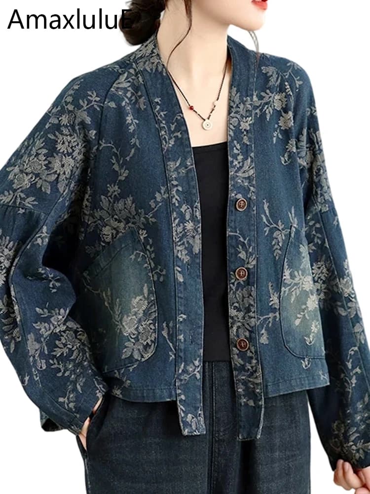 Amax LuluE 2026 Chinese Fashion Womens Loose Luxury Printed Denim Jackets Ladies Classic Casual Vintage Floral Oversized Coats