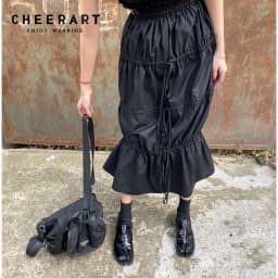 CHEERART Desinger High Waisted Skirts Womens 2021 Fall Fashion Drawstring Ruched Long Midi Goth Skirt With Leather Belt Clothing