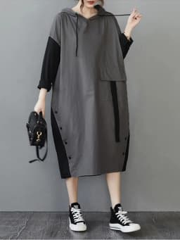 Amax luluE 2025 Womens Hooded Patchwork Loose Dress New 2024 Summer British Style Buttons Vintage Street Vestidos Casual Dresses