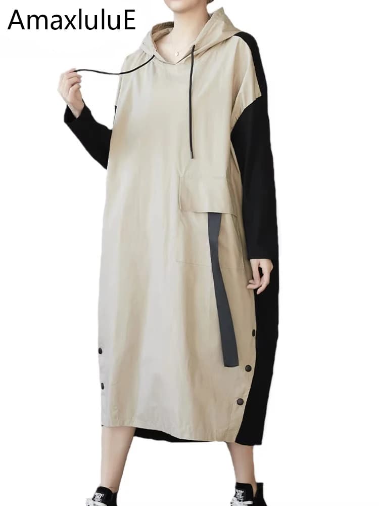 Amax luluE 2025 Womens Hooded Patchwork Loose Dress New 2024 Summer British Style Buttons Vintage Street Vestidos Casual Dresses