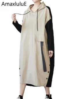 Amax luluE 2025 Womens Hooded Patchwork Loose Dress New 2024 Summer British Style Buttons Vintage Street Vestidos Casual Dresses