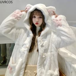 Winter Lolita Warm Jacket Women Sweet Soft Plush Thickened White Coats Girl Cute Cat Ears Anime Hooded Parkas Youthful Outerwear