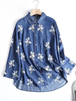 2023 Fall New Denim Shirt Embroidered Lapels Long Sleeves Vintage Casual Comfortable Sweet Blouse Woman T39526QD