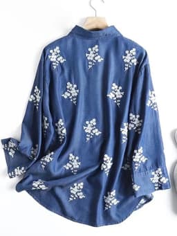 2023 Fall New Denim Shirt Embroidered Lapels Long Sleeves Vintage Casual Comfortable Sweet Blouse Woman T39526QD