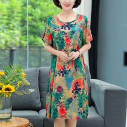 New 2026 Casual Vintage Summer Dress For Women Print Flowers Short Sleeve O-neck Dresses printing Ladies Party Dress