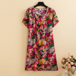New 2026 Casual Vintage Summer Dress For Women Print Flowers Short Sleeve O-neck Dresses printing Ladies Party Dress
