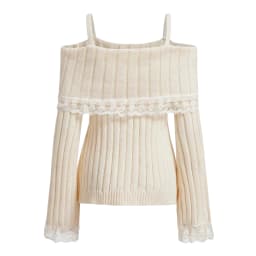 Women Off Shoulder Knit Sweater Solid Color Sweet Pullovers Long Sleeve Bow Lace Patchwork Cute Jumpers Club Streetwear Y2k