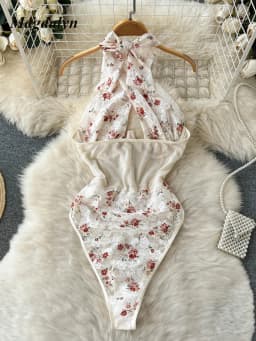 Magdalyn Women Halter Floral Print Rompers Fashion Korean Design Streetwear Party Combination Catsuits One Piece Mesh Bodysuits
