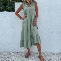 Casual Summer Midi Dress Women Sleeveless Tank V Neck Buttons Ruffle Loose Dresses Beach Soild Sundress Fashion