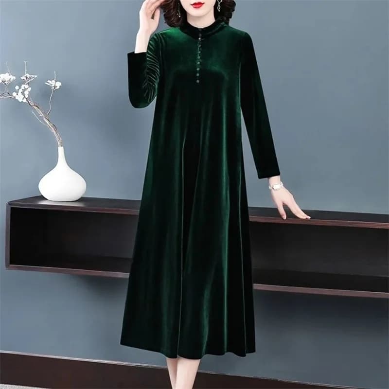 Women's Korean version Fat mm350 jin Golden Velvet Dress Female Spring and Autumn Fashionable Knee Length Mom's Wide Wife Dress