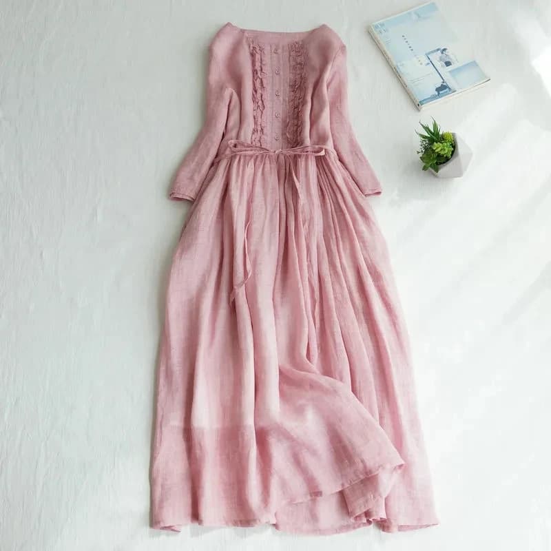 2026 New cotton linen Short Sleeve Vintage Summer Dress sashes Slim Elegant Lady Work Dress Women Casual Midi Dress