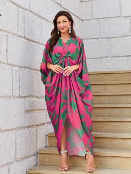 TOLEEN 2024 Summer Casual Elegant Arabian Long Dresses Women's Floral Print Batwing Sleeve O-ring Detail Asymmetrical Hem Dress