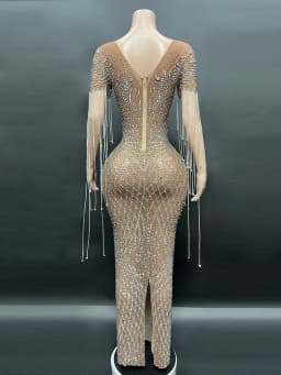 Transparent Long Diamond Dark Brown Party Dress Birthday Luxury Costume Fancy Brilliant Dancer Wedding Dress Impressive Dress