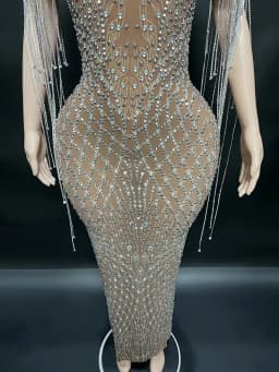 Transparent Long Diamond Dark Brown Party Dress Birthday Luxury Costume Fancy Brilliant Dancer Wedding Dress Impressive Dress