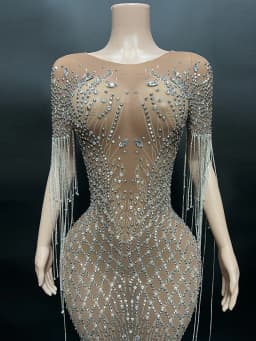 Transparent Long Diamond Dark Brown Party Dress Birthday Luxury Costume Fancy Brilliant Dancer Wedding Dress Impressive Dress