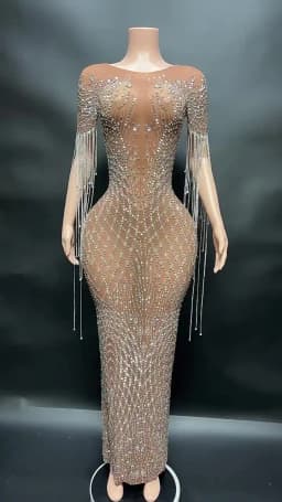 Transparent Long Diamond Dark Brown Party Dress Birthday Luxury Costume Fancy Brilliant Dancer Wedding Dress Impressive Dress