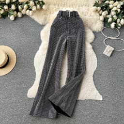 Luxury Shiny rhinestone Flare pants for women 2025 New Stylish High waist long pants with belt Gold Vintage trousers INEKO 3B018