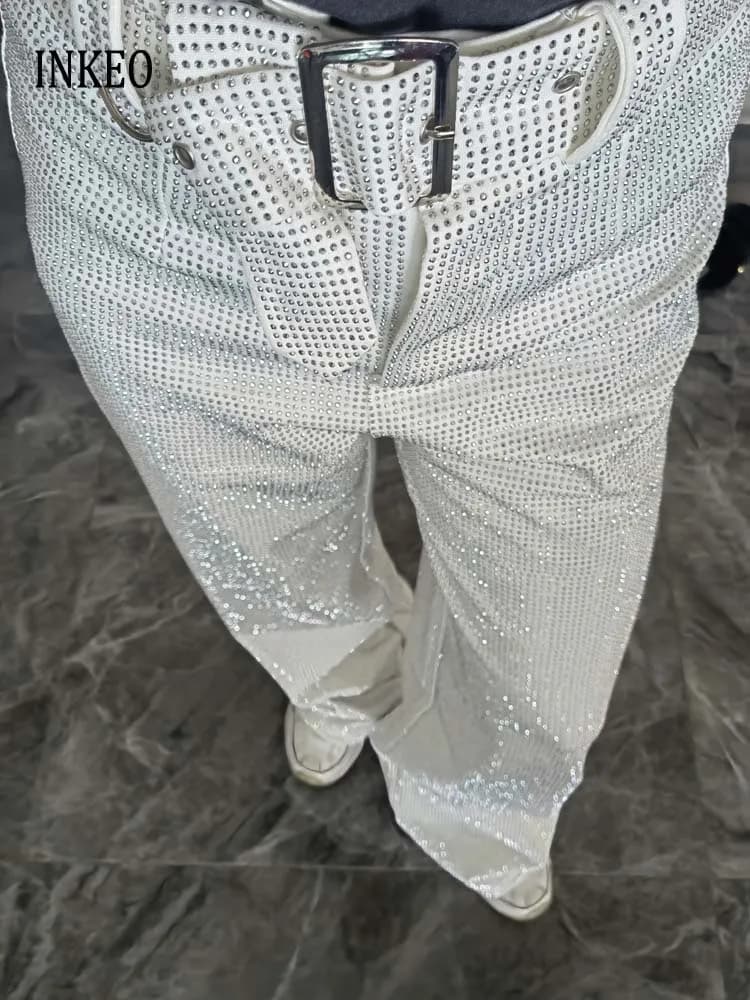 Luxury Shiny rhinestone Flare pants for women 2025 New Stylish High waist long pants with belt Gold Vintage trousers INEKO 3B018