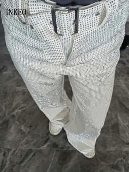 Luxury Shiny rhinestone Flare pants for women 2025 New Stylish High waist long pants with belt Gold Vintage trousers INEKO 3B018
