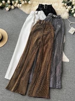 Luxury Shiny rhinestone Flare pants for women 2025 New Stylish High waist long pants with belt Gold Vintage trousers INEKO 3B018