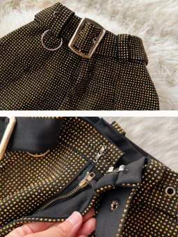 Luxury Shiny rhinestone Flare pants for women 2025 New Stylish High waist long pants with belt Gold Vintage trousers INEKO 3B018