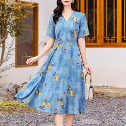 New Casual 2024 Women summer Dress Floral Print short Sleeve FashionElegant Vintage O-Neck Plus size Dresses