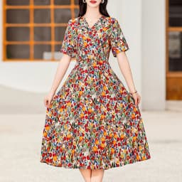New Casual 2024 Women summer Dress Floral Print short Sleeve FashionElegant Vintage O-Neck Plus size Dresses