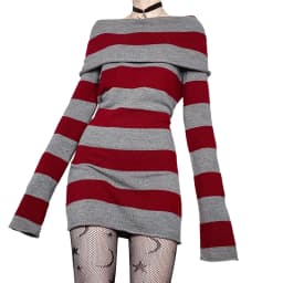 Y2K Striped Sweater Mini Dress Mall Goth Grunge Emo Bodycon Chic Women Off Shoulder Full Sleeve Slim Fit Dresses 00s Vintage