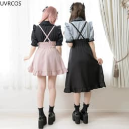 Dark Gothic Y2k Lolita High Waist Pleated Skirt Women Chic Love Buckle Ruffle Short Skirt Korean Fashion A-Line Long Strap Skirt