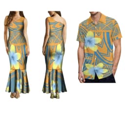Summer Ladies One-Shoulder Long Dress Slim Fishtail Skirt Men'S Shirt Polynesian Couple Set Custom Tribal Floral Print