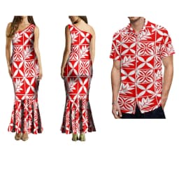 Summer Ladies One-Shoulder Long Dress Slim Fishtail Skirt Men'S Shirt Polynesian Couple Set Custom Tribal Floral Print