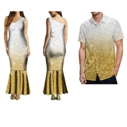 Summer Ladies One-Shoulder Long Dress Slim Fishtail Skirt Men'S Shirt Polynesian Couple Set Custom Tribal Floral Print
