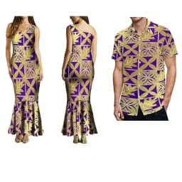 Summer Ladies One-Shoulder Long Dress Slim Fishtail Skirt Men'S Shirt Polynesian Couple Set Custom Tribal Floral Print
