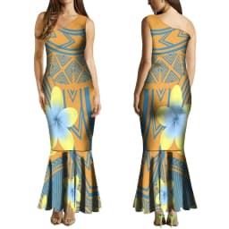 Summer Ladies One-Shoulder Long Dress Slim Fishtail Skirt Men'S Shirt Polynesian Couple Set Custom Tribal Floral Print