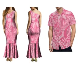 Summer Ladies One-Shoulder Long Dress Slim Fishtail Skirt Men'S Shirt Polynesian Couple Set Custom Tribal Floral Print