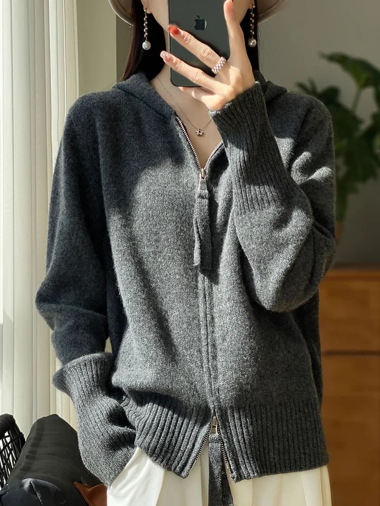 100% Merino Wool Cardigan Sweater Autumn Winter Women Zipper Hoodie Long Sleeve Pure Colors Cashmere Knitwear Female Clothing