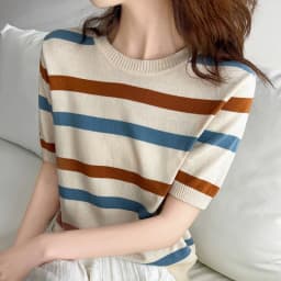 Women's T-Shirt Summer 100% Cotton Sweater Short Sleeve Striped Knitted Round Neck Ladies Tops Loose Blouse Pullover Tees